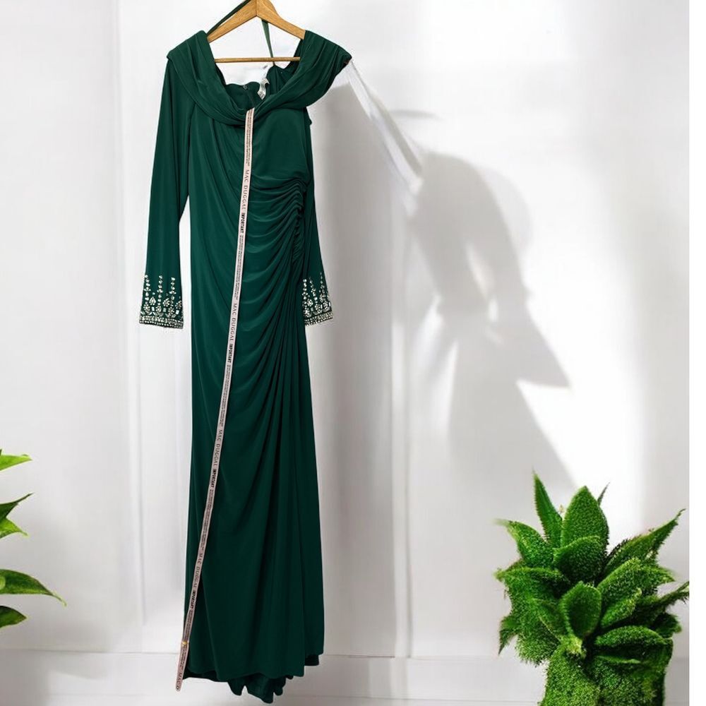 Mac Duggal Emerald Green Evening Gown Draped Beaded Sleeves Formal Dress Size 14